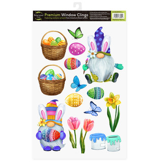 Easter Gnomes Window Clings with baskets, eggs, butterflies, flowers, and colorful gnomes in purple and pink.