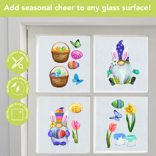 Easter Gnomes Window Clings, colorful Easter themed gnome and basket window decals for Easter decoration.