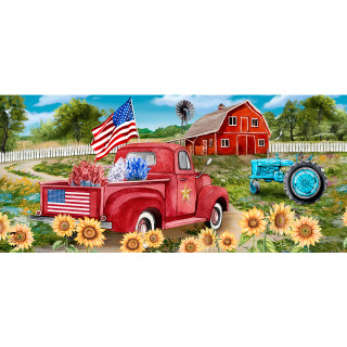 Red vintage pickup truck with American flag, flowers, and star, beside blue tractor and barn.
