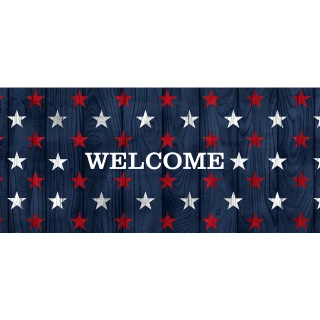 Wood American Flag Mini Mat with welcome text and red, white stars on dark wood grain.