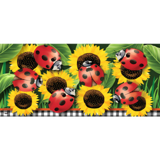 Ladybugs and sunflowers design on mini mat, red ladybugs with black spots on bright yellow flowers.