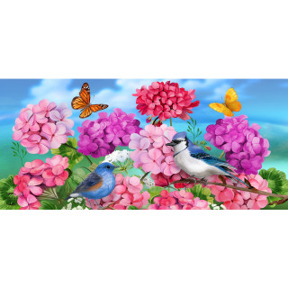 Geraniums in Bloom Mini Mat with pink flowers, blue and white birds, and butterflies outdoors.