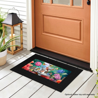 Spring Bath Birds Mini Mat on porch with black border and colorful bird design on floor.
