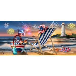 Oceanside Fireworks Mini Mat with beach scene and patriotic decor including flags and lighthouse at sunset.