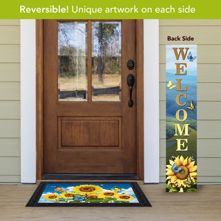Spring Buzz Pine Reversible Porch Leaner with sunflower design and welcome text on a porch.