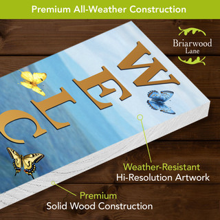 Spring Buzz Pine Reversible Porch Leaner, Briarwood Lane, wooden sign with butterflies and blue sky.