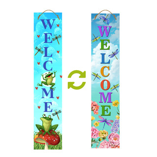 Reversible porch leaner with dragonflies, frogs, flowers, and welcome text on blue background.