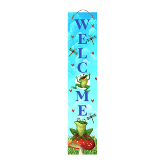 Dragonflies and Frogs Pine Reversible Porch Leaner with welcome text and colorful dragonflies and frogs design.