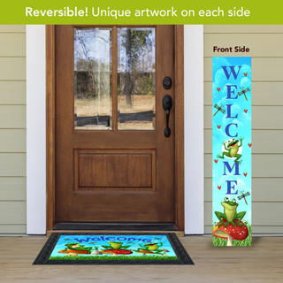 Dragonflies and Frogs Pine Reversible Porch Leaner with welcome text and colorful frog design.