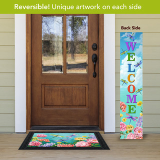 Dragonflies and Frogs Pine Reversible Porch Leaner with welcome message and floral design on display.