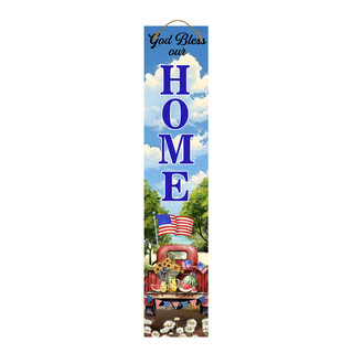 American Home Pine Reversible Porch Leaner with patriotic truck and floral design on blue background.