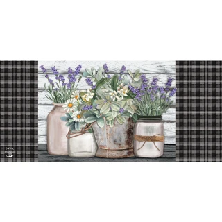 Farmhouse Flowers Mini Mat with white and purple flowers in jars on rustic background design.