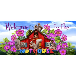 Spring Nuthouse Mini Mat, colorful red house with squirrels, pink flowers, and vibrant welcome sign.