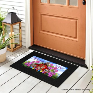 Black Spring Nuthouse Mini Mat with colorful floral design and Welcome to Our home message.