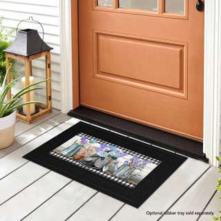 Black Checkered Garden Boots Mini Mat with colorful garden design at front door entrance outdoor.