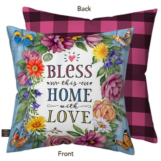 Bless This Home With Love pillow, floral design, pink plaid back, colorful flowers and butterflies.