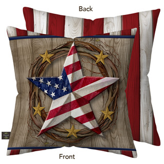 American Barn Star Indoor/Outdoor Pillow with patriotic star design on wood background and gold stars.