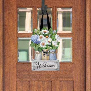 Crated Mason Jars Wood Door Hanger with white, blue flowers and Welcome sign on brown door.