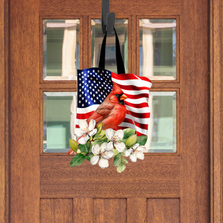 American Cardinal Wood Door Hanger with USA flag design and white flowers, red cardinal bird.