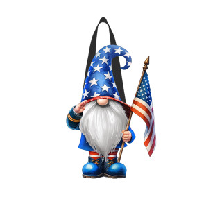 Saluting Gnome Wood Door Hanger with American flag and stars hat, blue and white colors.
