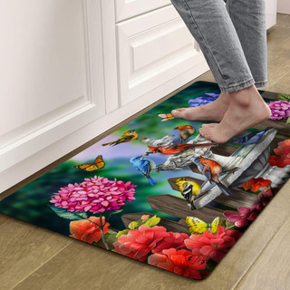 Spring Bath Birds Comfort Mat, colorful floral design with birds and butterflies on bathroom floor mat.