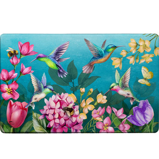 Springtime Hummingbirds Comfort Mat with colorful hummingbirds, flowers, and butterflies on a blue background design.