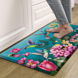 Springtime Hummingbirds Comfort Mat, vibrant floral design with hummingbirds, pink flowers on blue background.