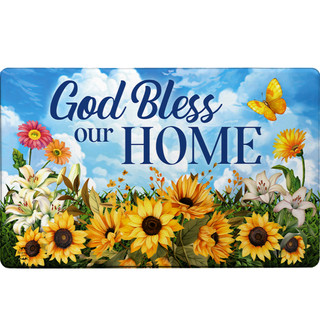God Bless Our Home Comfort Mat with floral design and blue sky background, sunflowers and lilies.