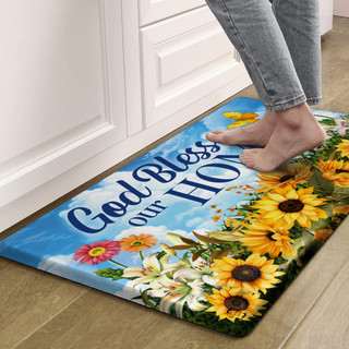 God Bless Our Home Comfort Mat with colorful floral design and blue sky background, large size.