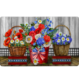 Red White and Beautiful Comfort Mat with patriotic floral baskets on wooden floor with stars.