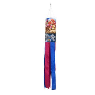 Bucket of Bunnies Windsock Wind Twister with colorful bunny design and pink and blue ribbons hanging.