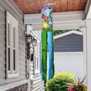 Sunshine Butterflies Windsock Wind Twister with colorful butterfly and floral design, green and blue tails.