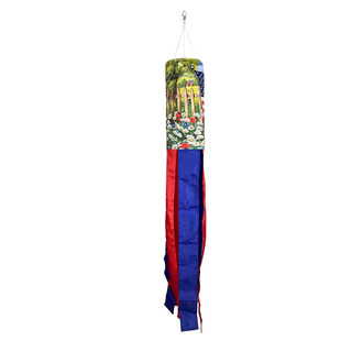 American Flower Field Windsock Wind Twister, colorful hanging decoration with red and blue ribbons and floral design.