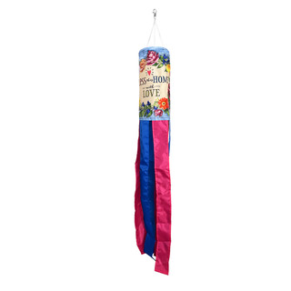 Bless This Home With Love Windsock Wind Twister, pink and blue hanging decorative windsock with floral design.