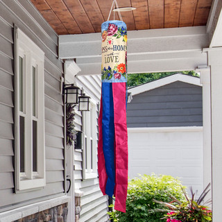 Bless This Home With Love Windsock Wind Twister, pink and blue windsock with floral design.