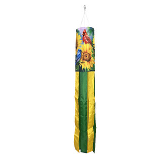 Birds in the Garden Windsock Wind Twister, colorful sunflowers and birds design, green and yellow.
