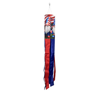 Saluting Gnomes Windsock Wind Twister with patriotic gnomes and red, white, and blue colors hanging.