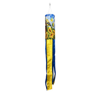 Goldfinches and Sunflowers Windsock Wind Twister with vibrant blue, yellow, and colorful bird design hanging vertically.