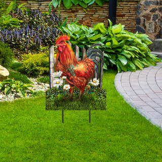 Sunrise Rooster Metal Art garden decoration with vibrant red and green rooster on metal stand outdoors.