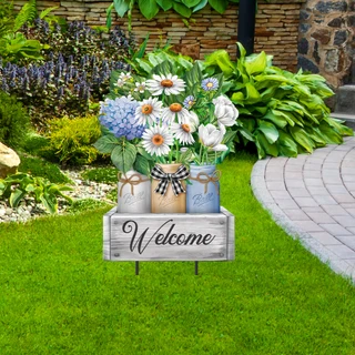 Crated Mason Jars Metal Art with flowers and Welcome sign on a garden lawn display.