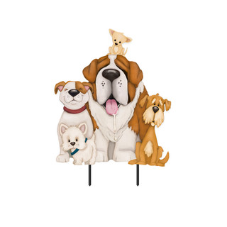 Dogs Spoiled Here Metal Art sign featuring a group of five colorful dogs on a stake.