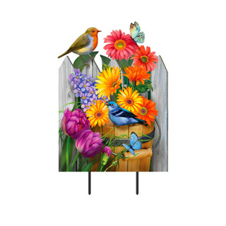 Birds and Blooms Metal Art garden sign with colorful flowers, birds, and butterflies on a fence.