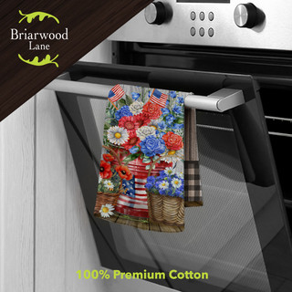 Red White and Beautiful Cotton Hand Towel with floral design hanging on oven handle.