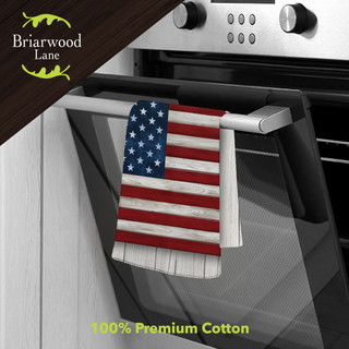 Wooden American Flag Cotton Hand Towel, Briarwood Lane, hanging on oven rack, 100% premium cotton.