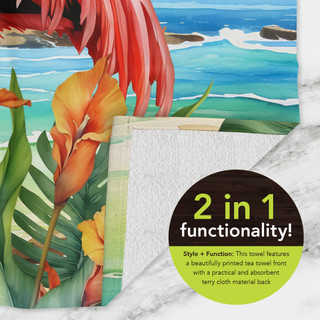 Flamingo Pair Cotton Hand Towel, colorful tropical print, 2-in-1 functionality with absorbent terry cloth back.