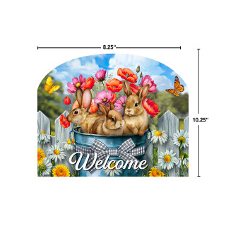 Bucket of Bunnies Acrylic Art Sign with colorful flowers, bunnies, and welcome text on blue background.
