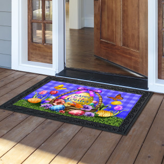 Happy Easter Egg Basket Doormat with colorful eggs, flowers, and butterflies on purple background.