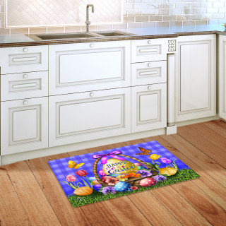 Happy Easter Egg Basket colorful doormat on kitchen floor with purple and blue checkered background.