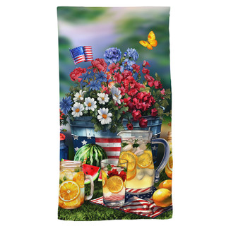 American Lemonade Cotton Hand Towel with patriotic floral design and refreshing drink glasses on display.