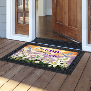 Sunrise Easter Cross Doormat with floral design and inspirational quote on wooden porch outside doorway.